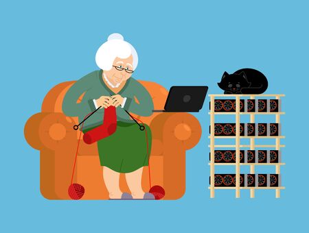Mining farm and Grandmother. Cryptocurrency at home. Granny Extraction of virtual money. Vector illustrationのイラスト素材