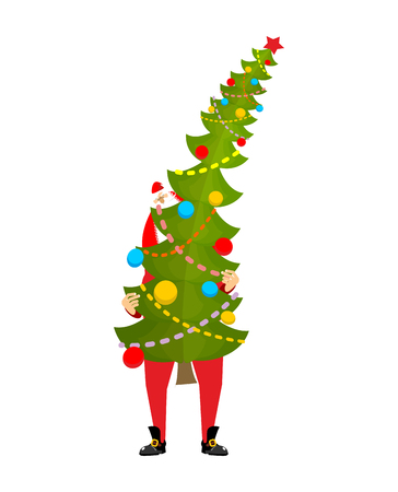Santa carry big Christmas tree. Claus and huge spruce. Large fir. New Year Vector Illustrationのイラスト素材