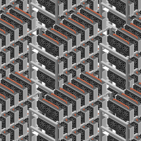 Mining farm seamless pattern. Mining rig GPU ornament. Crypto currency at home. Extraction of virtual money background. Vector illustrationのイラスト素材