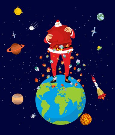 Big Santa Claus on Earth. Christmas on planet. Big red bag and many gifts. Xmas Vector Illustrationのイラスト素材