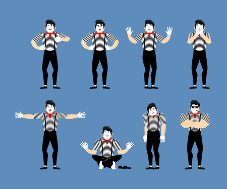 Mime set. Pantomime sad and yoga.  bewildered and angry. Mimic happy winks and thumb up. Vector illustrationのイラスト素材