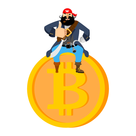 Bitcoin and pirate. filibuster on web coin. illegal extraction of virtual money. illicit circulation of crypto currency. Vector illustrationのイラスト素材