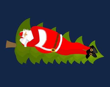 Santa Claus Sleep on Christmas tree. Sleeping grandfather. Christmas New Year illustration
のイラスト素材