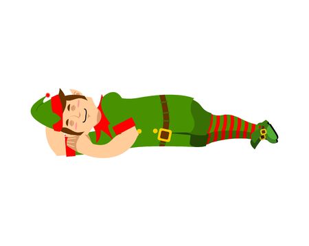 Elf sleeps isolated. Santa Claus helper asleep. Rest before work. Christmas relaxation. New Year illustrationのイラスト素材
