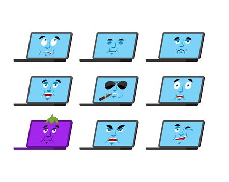 Laptop set emotion avatar. sad and angry face. guilty and sleeping. Computer sleeping emoji face. PC Eggplant. Vector illustrationのイラスト素材