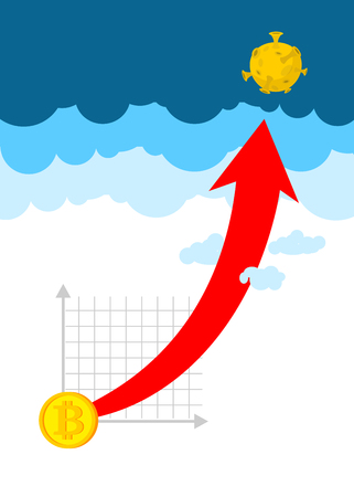 Bitcoin price increase. Dynamics of course is crypto currency. Rise of price of virtual money. Up arrow to sky. Cost Flies to moon. Exchange vector illustration
のイラスト素材