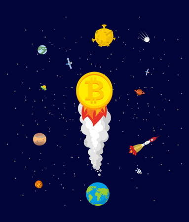 Bitcoin price increase. Dynamics of course is crypto currency. Rise of price of virtual money. rocket to sky. Cost Flies to moon. Exchange vector illustration
のイラスト素材