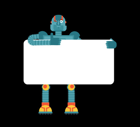 Robot holding banner blank. Cyborg and white blank. Robotic man thumb up and winks joyful emotion. place for text. Vector illustrationのイラスト素材
