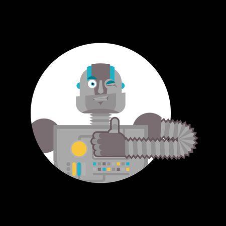 Robot thumbs up and winks. Cyborg happy emoji. Robotic man Vector illustrationのイラスト素材