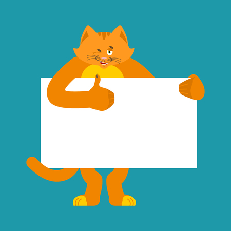 Cat holding banner blank. Pet and white blank. Kitty thumb up and winks joyful emotion. place for text vector illustration.のイラスト素材