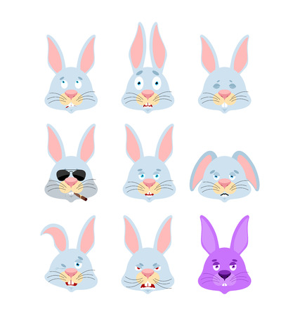 Rabbit set emoji avatar. sad and angry face. guilty and sleeping. Hare sleeping emotion face. Animal Eggplant vector illustration.のイラスト素材