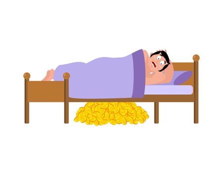 Frightened Man sleeps on bed. Bitcoins under bed. had terrible dream. Vector illustration.
のイラスト素材