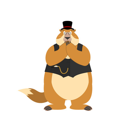 Groundhog day. Groundhog in Hat scared OMG. Woodchuck Oh my God emoji. Frightened Marmot. Vector illustrationのイラスト素材