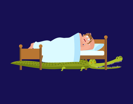 Crocodile under bed. frightened Man sleeps on bed. Vector illustration.のイラスト素材