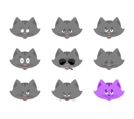 Cat set emoji avatar. sad and angry face. guilty and sleeping. Pet sleeping emotion face. Kitty Eggplant. Vector illustrationのイラスト素材