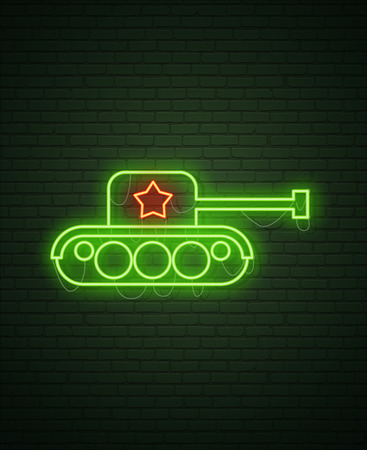 February 23. Defenders of Fatherland Day. Tank Neon sign and green brick wall.のイラスト素材