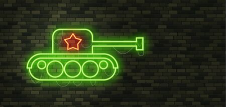 February 23. Defenders of Fatherland Day. Tank Neon sign and green brick wall. Realistic sign. National Military holiday in Russia. Template for postcard. のイラスト素材