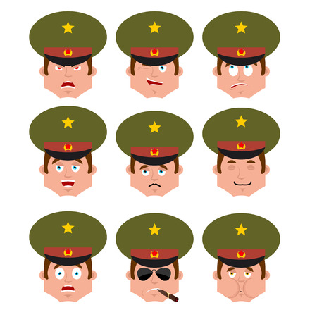 Russian Officer set emoji avatar. sad and angry face. guilty and sleeping. Soldier Smoking cigar emotion face. sick Military in Russia. Illustration for 23 February. Defender of Fatherland Day. Army holiday for Russian Federation.のイラスト素材