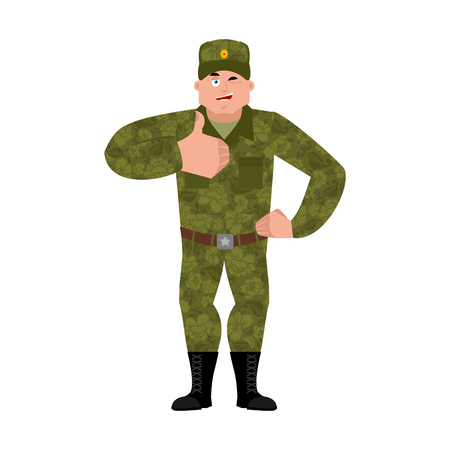 Russian soldier thumbs up and winks. Warrior merry. Joyful Military in Russia. Illustration for 23 February. Defender of Fatherland Day. Army holiday for Russian Federation
のイラスト素材