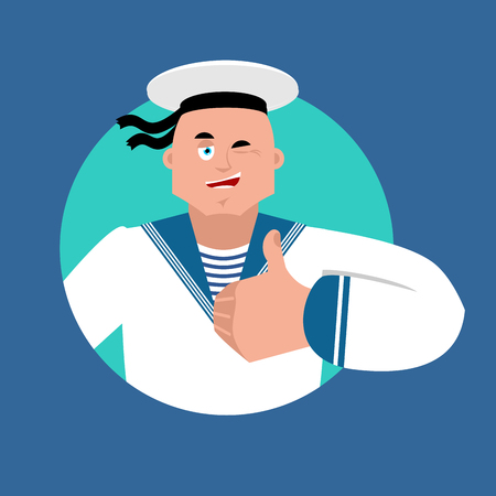 Sailor thumbs up and winks. Russian soldier seafarer happy emoji. Seaman Military in Russia Joyful. Illustration for 23 February. Defender of Fatherland Day. Army holiday for Russian Federation.のイラスト素材