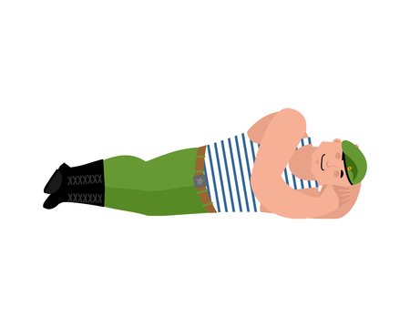 Russian soldier sleeping. Airborne troops asleep. Paratrooper Military in Russia dormant. Illustration for 23 February. Defender of Fatherland Day. Army holiday for Russian Federation.のイラスト素材