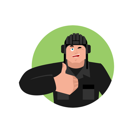 Tankman thumbs up and winks. Russian soldier happy emoji. Tankman Military in Russia Joyful. Illustration for 23 February. Defender of Fatherland Day. Army holiday for Russian Federationのイラスト素材