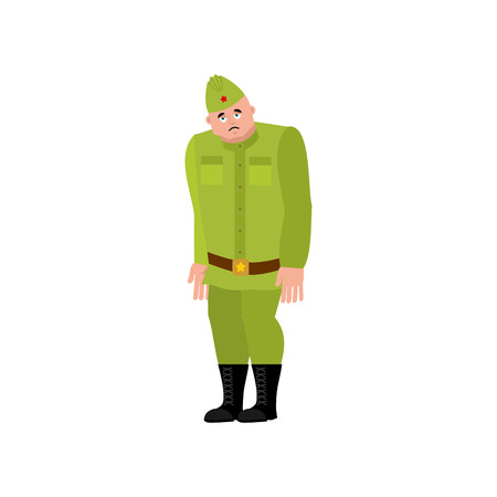 Soviet soldier sad. Retro Russian warrior sorrowful. dull Military in Russia. Illustration for 23 February. Defender of Fatherland Day. Army holiday for Russian Federationのイラスト素材