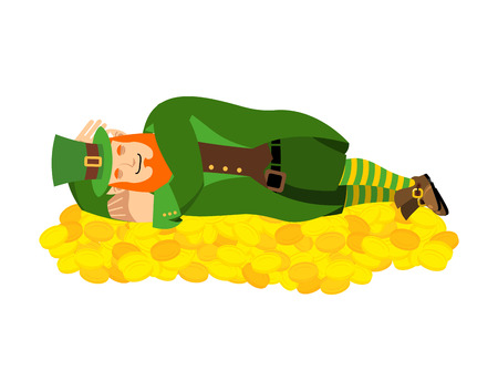Leprechaun sleeps on gold coins. dwarf for St. Patrick's Day. national Irish holidayのイラスト素材