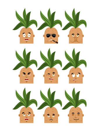 Mandrake root set emoji avatar. sad and angry face. guilty and sleeping. Legendary mystical plant in form of man seafarer Smoking cigar emotion faceのイラスト素材