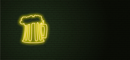 Mug of beer Neon sign and green brick wall. Realistic sign. St Patricks Day National holiday symbol in Ireland. Template night banner. のイラスト素材