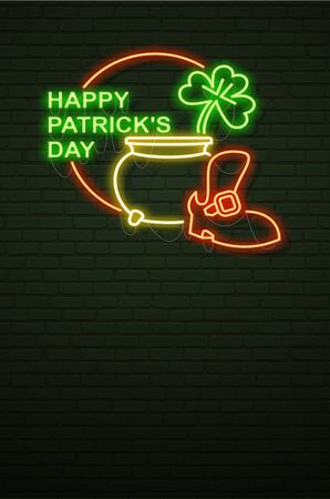 St Patricks Day Neon sign and green brick wall. Realistic sign. National holiday symbol in Ireland. Irish Shamrock. Leprechaun Pot of gold. Vertical Template night banner. のイラスト素材