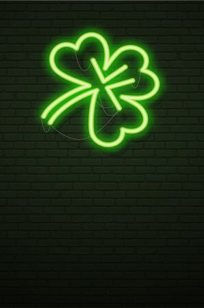 St Patricks Day Neon sign and green brick wall. Realistic sign. National holiday symbol in Ireland. Irish Shamrock. Template night Vertical banner. のイラスト素材