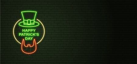 St Patricks Day Neon sign and green brick wall. Irish Beard of Leprechaun and Hat. National holiday symbol in Ireland. Template night banner. のイラスト素材
