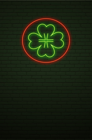 St Patricks Day Neon sign and green brick wall. Realistic sign. National holiday symbol in Ireland. Irish Shamrock. Template night Vertical banner. のイラスト素材