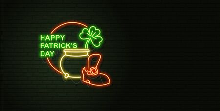 St Patricks Day Neon sign and green brick wall. Realistic sign. National holiday symbol in Ireland. Irish Shamrock. Leprechaun Pot of gold. horizontal Template night banner. のイラスト素材
