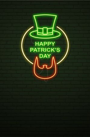 Patricks Day Neon sign and green brick wall. Irish Beard of Leprechaun and Hat. National holiday symbol in Ireland. Template night banner. のイラスト素材