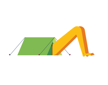 Sticking out head and legs from tent. Camping concept Vector illustration.のイラスト素材
