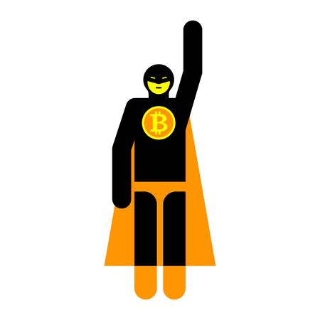 Bitcoinman flying up. Superhero Pictogram. Super hero sign and crypto currency symbol. Vector illustrationのイラスト素材