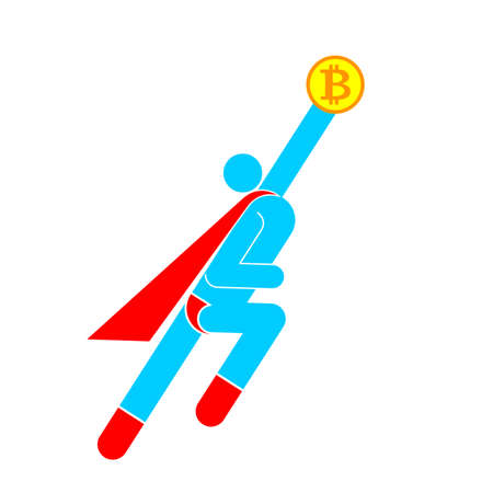 Bitcoin man flying up. Superhero Pictogram. Super hero sign and crypto currency symbol. Vector illustrationのイラスト素材