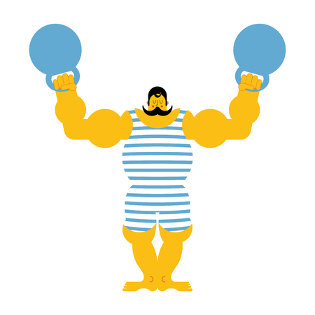 Retro strongman and weight vintage sportsman. Circus bodybuilder man of muscles in poloat clothes vector illustration.のイラスト素材