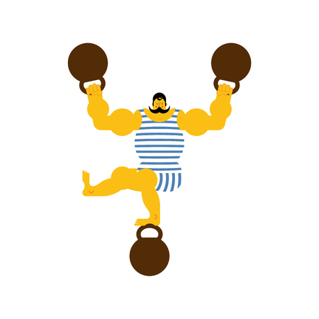 Retro strongman and weight vintage sportsman. Circus bodybuilder man of muscles in poloat clothes vector illustration.のイラスト素材
