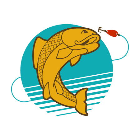 Fish and fishing rod emblem. Fishing club Fishermen sign. Vector illustrationのイラスト素材