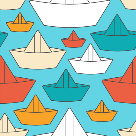 Paper boat pattern seamless. ship made of paper children toy background. Vector ornamentのイラスト素材