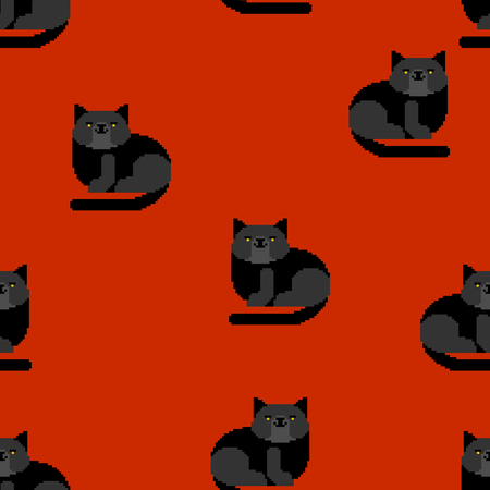Black cat pixel art pattern seamless. 8 bit Digital home pet background. Vector ornamentのイラスト素材
