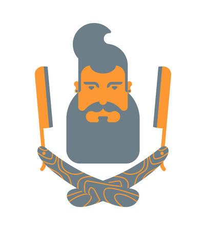 Hipster and straight razor. Beard and  hairstyle. Fashionable head guy. Barbershop symbol. Vector illustrationのイラスト素材