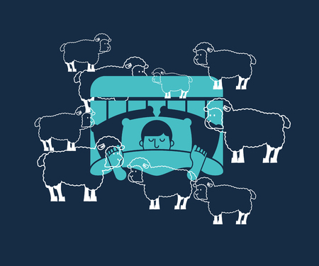 Sleeping man and sheep. Guy in bed asleep. sleeper male. Vector illustrationのイラスト素材