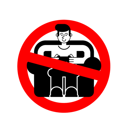 Stop gamer. Ban guy playing video game. No videogame. Forbidden Red road sign. Vector illustrationのイラスト素材
