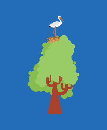 Stork in nest on tree. Vector illustration Birdのイラスト素材
