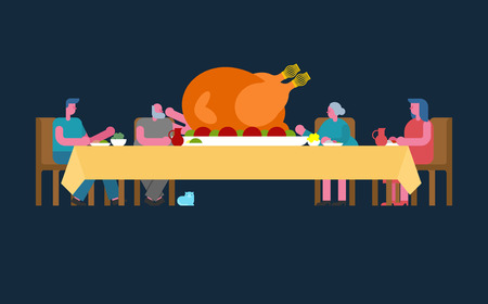 Thanksgiving family dinner. Turkey on big table. Traditional Autumn holiday. Relatives eat. Father and mother. Grandmother and grandfather.のイラスト素材