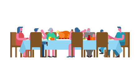Thanksgiving family dinner. Turkey on big table. Traditional Autumn holiday. Relatives eat. Father and mother. Grandmother and grandfather.のイラスト素材